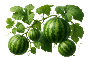 Cluster of green watermelons with striped patterns and lush leaves on a vine on transparent background.