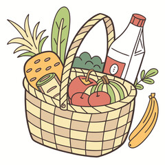 Hand drawn illustration of a picnic basket filled with fruits and vegetables isolated on transparent background