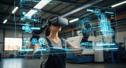 VR Trainee Woman Immersed in Digital Simulation for Industrial Training with Future Tech