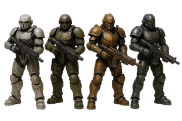 Four Futuristic Soldiers in Detailed Armored Suits, Holding Advanced Rifles, Ready for Combat Engagements