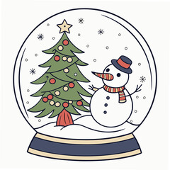 Snow globe with a christmas tree and snowman isolated on white background
