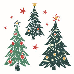 Three christmas trees with stars and ornaments isolated on white background
