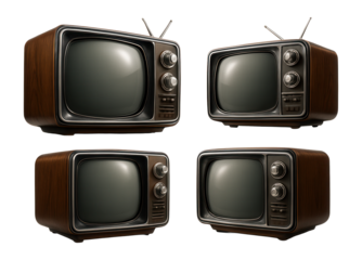 Four vintage television sets with wood paneling and antennae, featuring dials for tuning and adjusting volume, on transparent background.