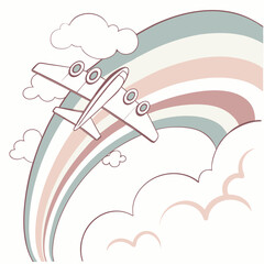 Cartoon airplane flying through a rainbow and clouds isolated on white background