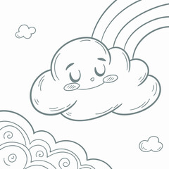 Cartoon cloud with a rainbow and a cute face isolated on white background