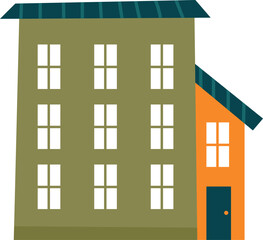 Large green residential building stands tall next to a small orange house, both featuring blue roofs and white windows, creating a contrasting yet harmonious urban scene