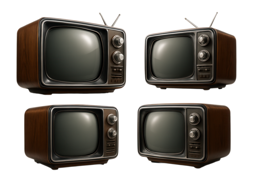 Four vintage television sets with wood paneling and antennae, featuring dials for tuning and adjusting volume, on transparent background.