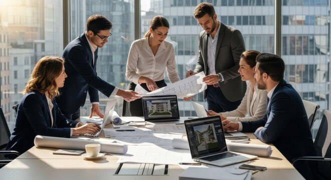 Professional team of architects and engineers collaborating on a construction project in a modern high-rise office overlooking the city