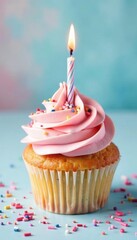 Delicate watercolor birthday cupcake, pastel colors, sprinkles , charming, yummy