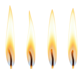 Four bright, glowing flames of matchsticks in various positions, each showcasing different flame shapes, on transparent background.