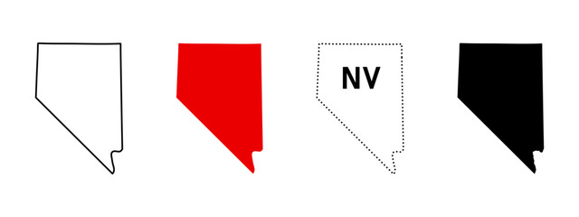 Nevada state map icon set. US state silhouette in outline, solid, dotted line and NV abbreviation sign. Western region symbol. Las Vegas and Carson City pictogram. USA geography illustration.