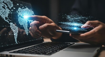 Global Data Connectivity Hand Selecting Data on Laptop with Holographic Network on Phone