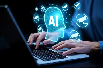 Hands typing on a laptop with a glowing blue ai brain hologram and security camera icons symbolizing advanced artificial intelligence and surveillance technology