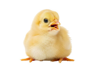 Fototapeta premium A fluffy yellow baby chick standing and peeping, isolated on transparent background
