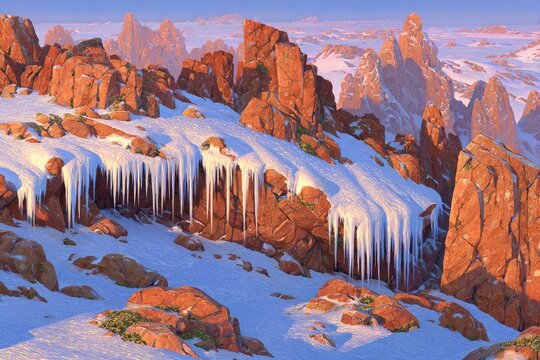 Snowy, reddish rock formations, icicles cascade down
