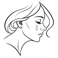 Sad woman with tear isolated on white background in profile illustration