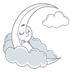 Sleeping moon on cloud isolated on white background in cartoon illustration