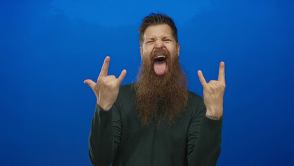 Young caucasian man with long beard and intense expression shows rock horns gesture and sticks out tongue in vibrant blue studio; fun.