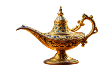 An ornate golden genie lamp with intricate patterns, symbolizing magic and wishes, isolated on a transparent background
