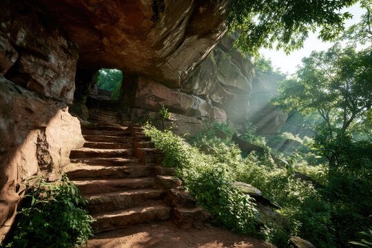 Sunlit rock steps leading into a hidden cave. Lush green foliage surrounds a path of reddish-brown stone steps