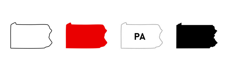 Obraz premium Pennsylvania map icon set. Outline, red fill, PA dotted sign and black silhouette symbol. Eastern US state shape pictogram. Harrisburg capital location map illustration.