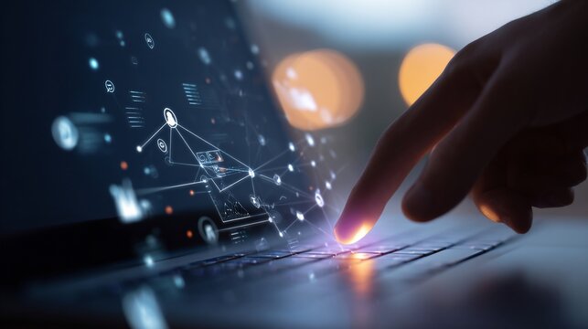 Hand interacting with laptop overlaid with a network of data visualization