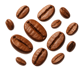 Floating roasted coffee beans in various sizes, arranged artistically on transparent background.