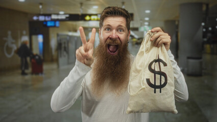 Man with long beard holding money bag gestures peace sign in busy airport terminal; profit success...