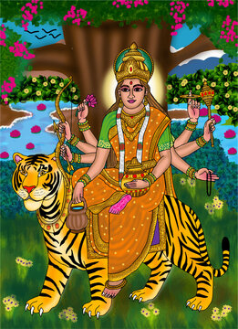 hand drawn digital art of goddess kushmanda