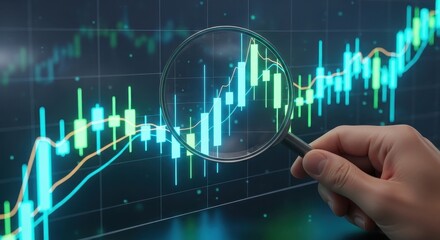 Analyst's hand holding a magnifying glass over a glowing futuristic digital stock market chart