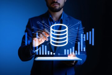 Man in a suit interacting with a glowing database icon and financial charts on a tablet representing data analysis and technology