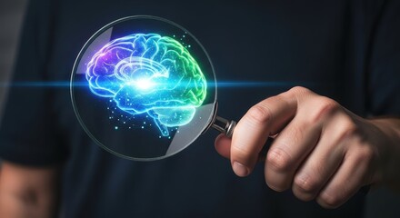 Obraz premium Unveiling Cognitive Intelligence A Hand Magnifying a Luminous AI Brain Hologram