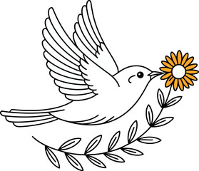 Obraz premium A white dove carrying a yellow flower in its beak and an olive branch below on a white background art