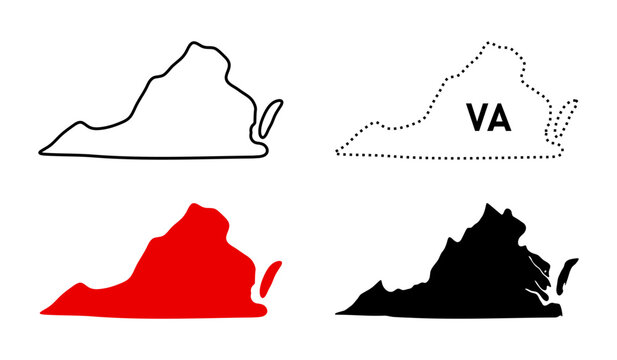Virginia map icon set. State outline, solid fill, dotted VA label sign and silhouette symbol. USA east coast region pictogram. Richmond location and state shape map illustration.