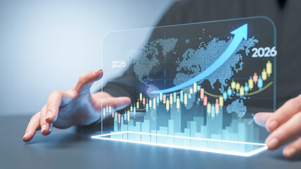 A futuristic business analytics visualization showing financial growth projections from 2025 to 2026