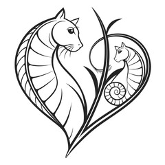 Stylized cat in a heart shape isolated on white background, a symbol of affection