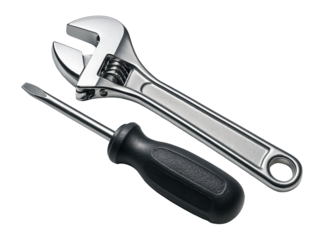 Adjustable wrench and flathead screwdriver with black handle displayed together on transparent background.