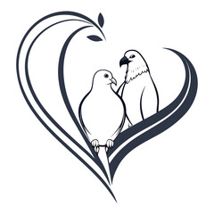 Two doves in a heart shape isolated on white background, a symbol of love