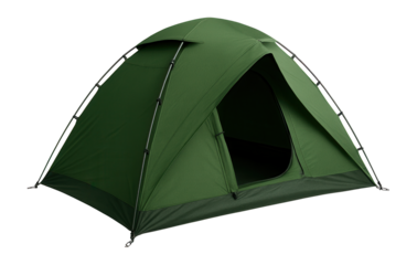 Green dome-shaped camping tent with a partially open entrance and black support poles on transparent background.