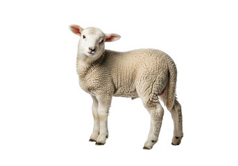 A cute, fluffy white lamb standing and looking at the camera, isolated on transparent background