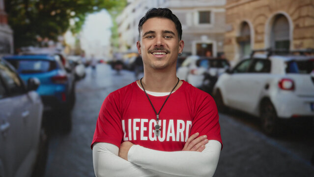 Young hispanic man lifeguard with arms crossed in red t-shirt city street smiling confidently with blurred urban cars in background on sunny day. - Powered by Adobe