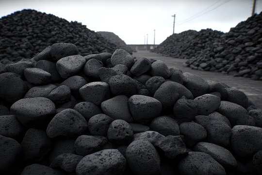 Dark, piled rocks fill a paved area