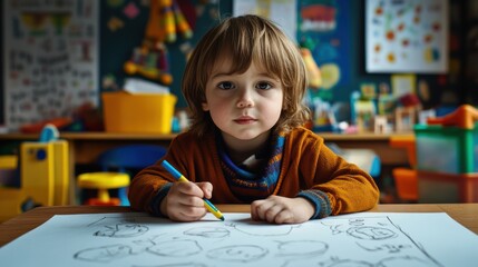 Boy coloring at desk in classroom
