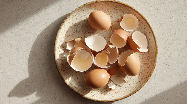 Cracked Eggshells and Brown Eggs on a Ceramic Plate
