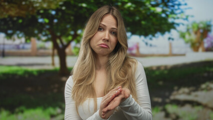 Obraz premium Woman clapping hands ironically in green park with a subtle unimpressed expression; sarcasm irony skepticism.