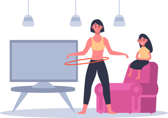 Woman hula hooping at home for fitness while daughter sitting on the armchair, enjoying television. Both sharing moments of fun and togetherness in a cozy living room