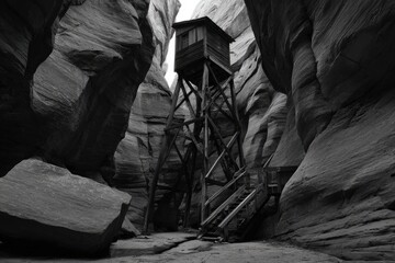 Towering wooden structure in a narrow canyon