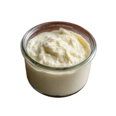 Creamy yogurt in a glass jar, isolated on a white background, perfect for healthy recipes, desserts, or snacking.