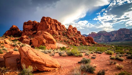 Fototapeta premium Red rock formations under a dramatic sky