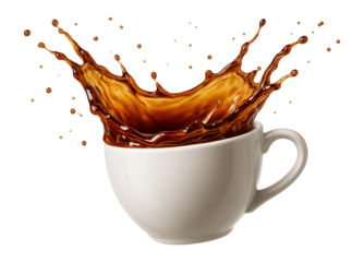 A dynamic splash of coffee mid-air coming from a white cup on transparent background.